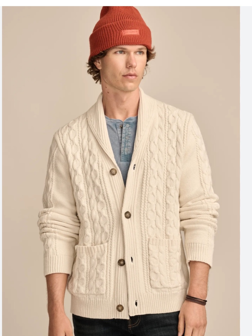 NWT Lucky Brand Men's Cable Knit Fisherman Shawl Cardigan Sweater Aran Cream M
